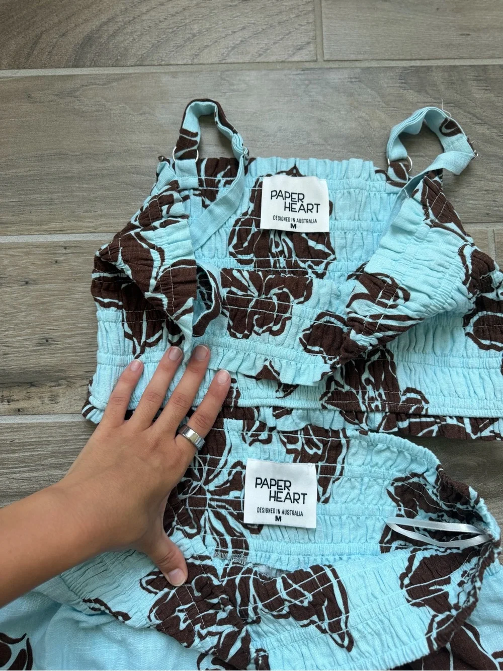 Coastal Boho Paper Heart Blue & Brown Floral Smocked Two-Piece Set size M